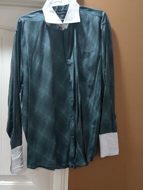 Green Patterned Dress Shirt with Contrast White Collar